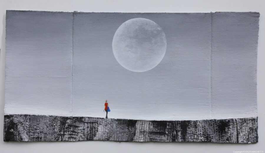 Enzo Archetti - A2217 La luna di giorno 97x45 cartone  - Opere su pareti